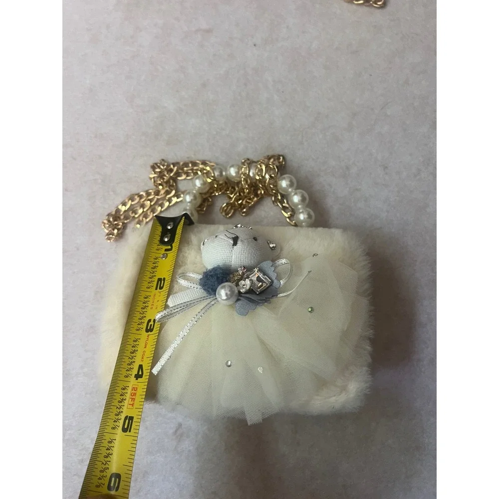 Doe a Dear Girls Faux Fur Teddy Bear Ballerina Crossbody Bag Pearl Handle Cream